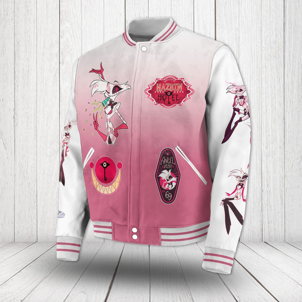 Stylish Hazbin Hotel Varsity Jacket – Unique Pink Graphic Design, Perfect For Fans!