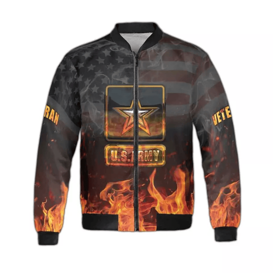Veteran Bomber Jacket Us Army Veteran Fire Graphic Bomber Black Orange Unisex Jacket Jacket