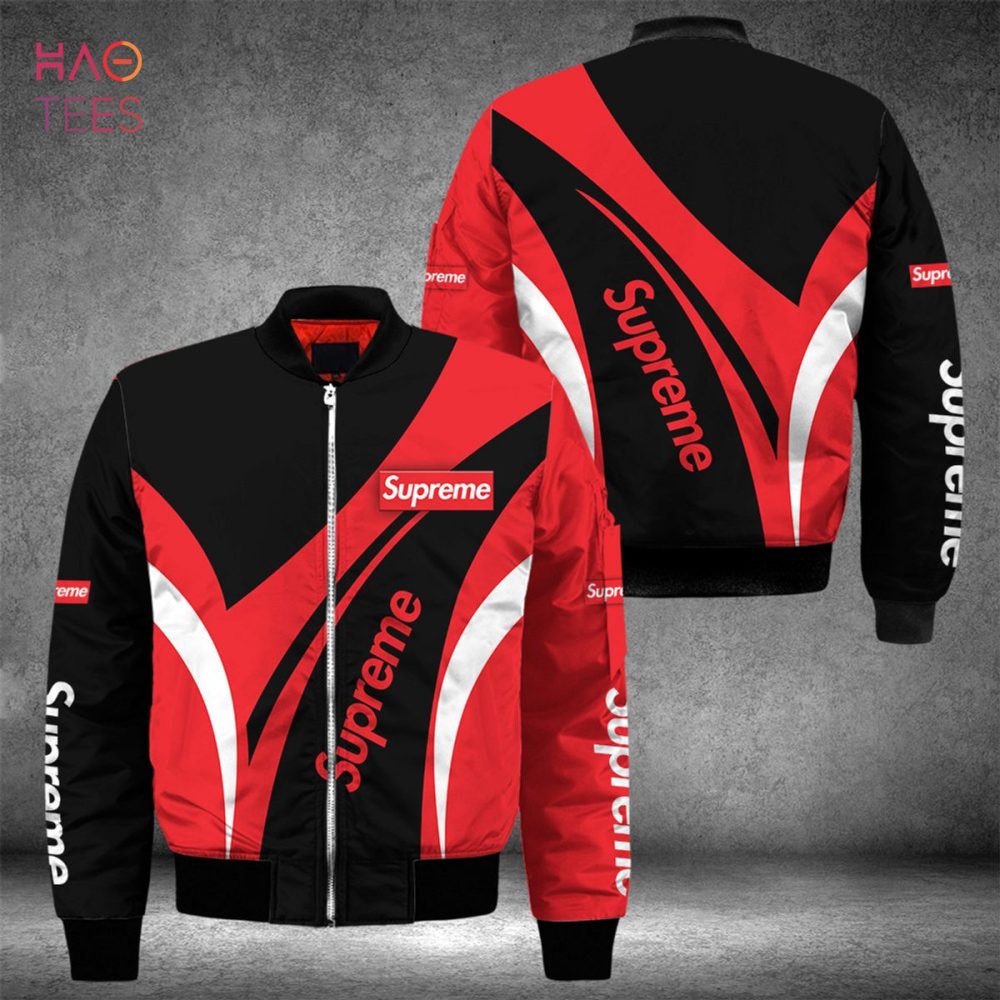 Stylish Red &amp; Black Supreme Bomber Jacket – Trendy Men'S Outerwear For Street Fashion Enthusiasts